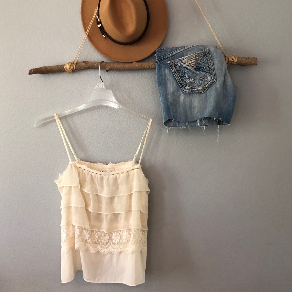 AEO Cream Boho Lace Ruffle Spaghetti Strap Top